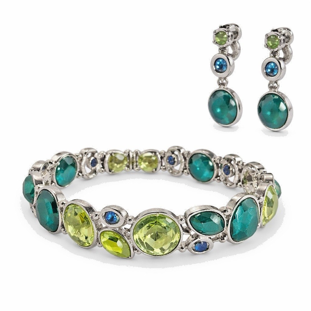 Vintage Napier Green Blue Glass Stretch Bracelet Clip Earrings Silver Tone